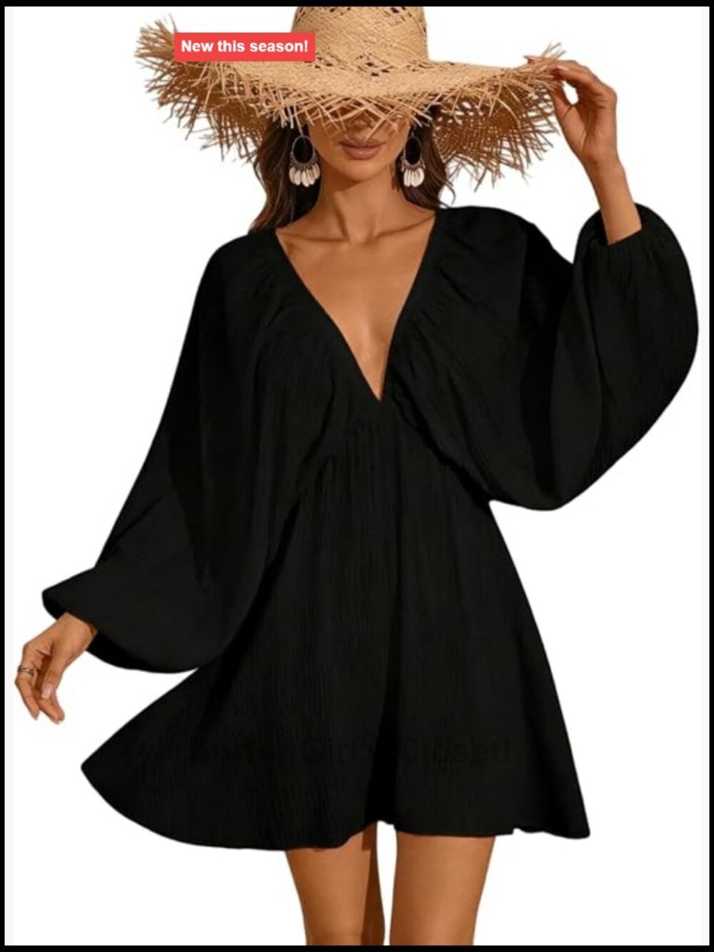 Women's Tie Back Ruffle Dress Deep V Neck Lantern Sleeve Swing Mini Dress